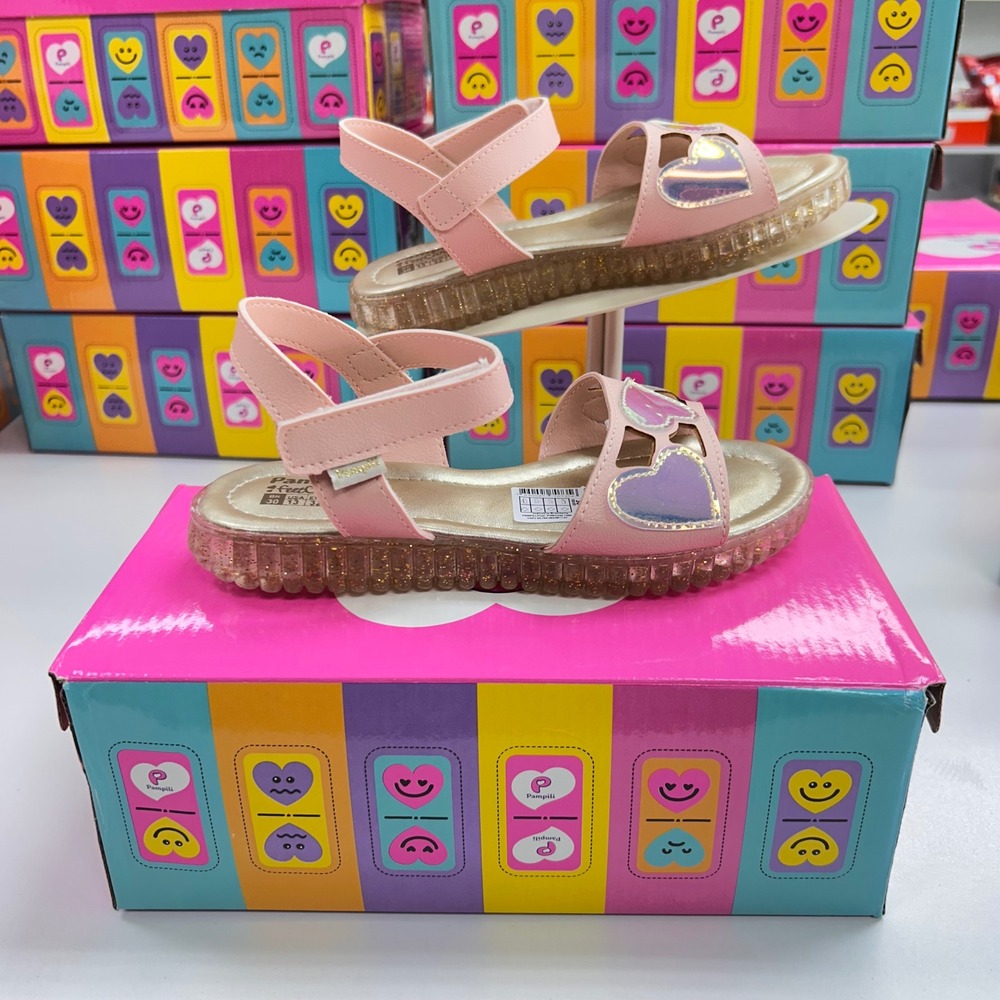 Pampili FeetCare Pink Iridescent Heart Sandals Glitter Sole Kids Size 13 US
